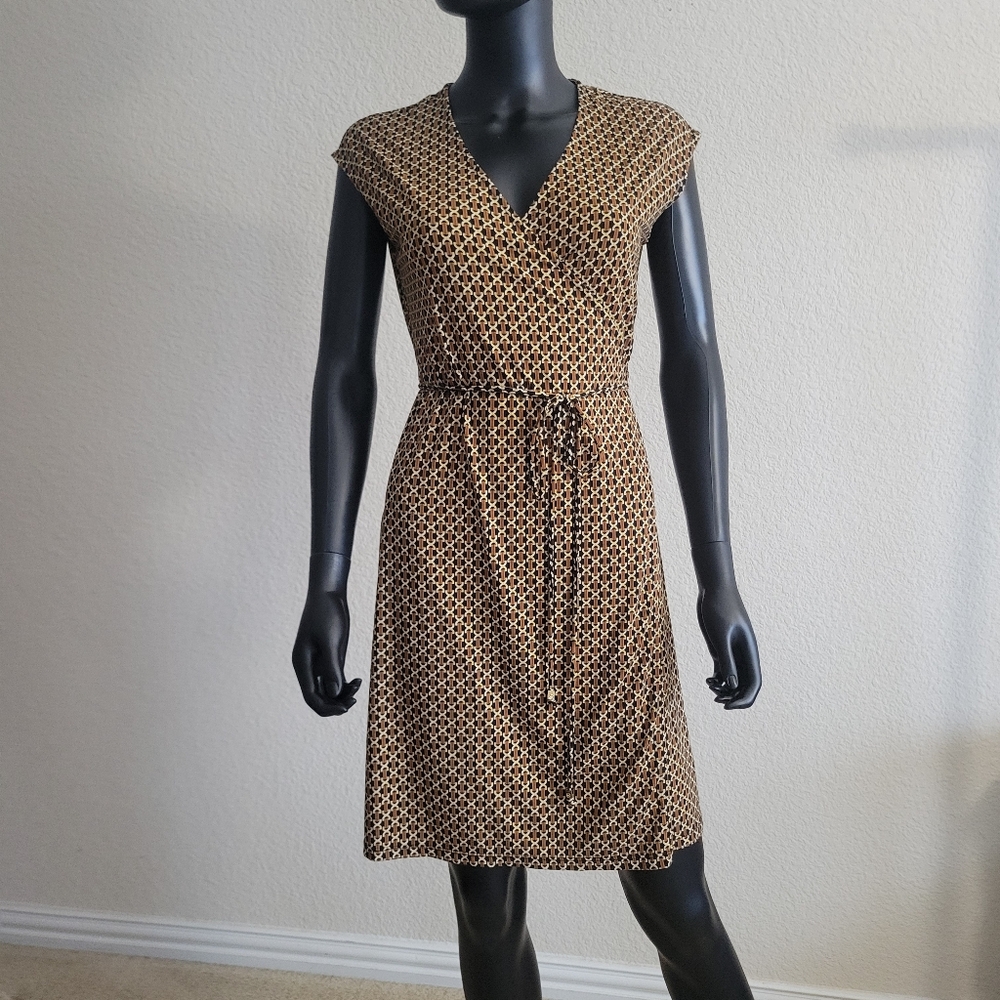 Michael Michael Kors Chain Print Faux Wrap Dress S Belted V Neck Brown Retro